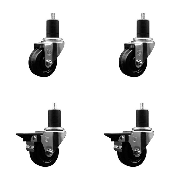 3'' Phenolic Wheel Swivel 1-3/4'' Expanding Stem Caster Set 2 Brakes, 4PK
